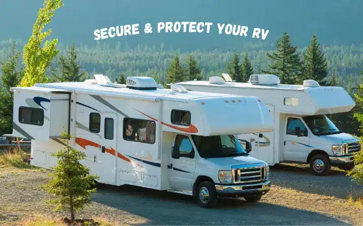 Two white Class C RVs parked along road with text 'secure & protect your rv'