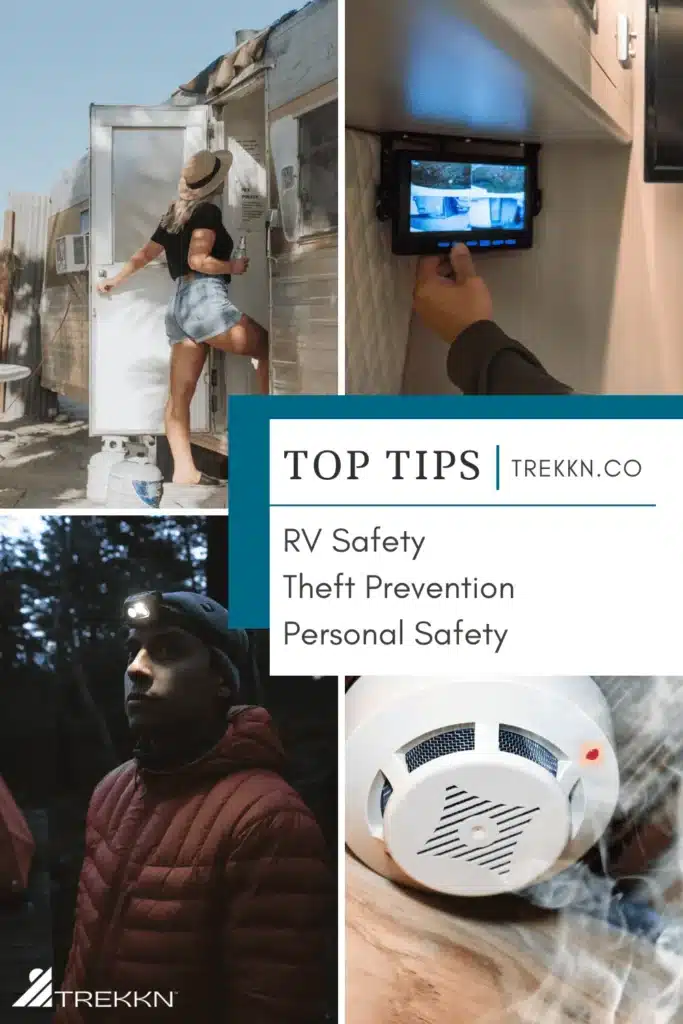Collage of RV, hiker wearing headlamp, and security camera with text 'tips for rv theft protection and personal safety'