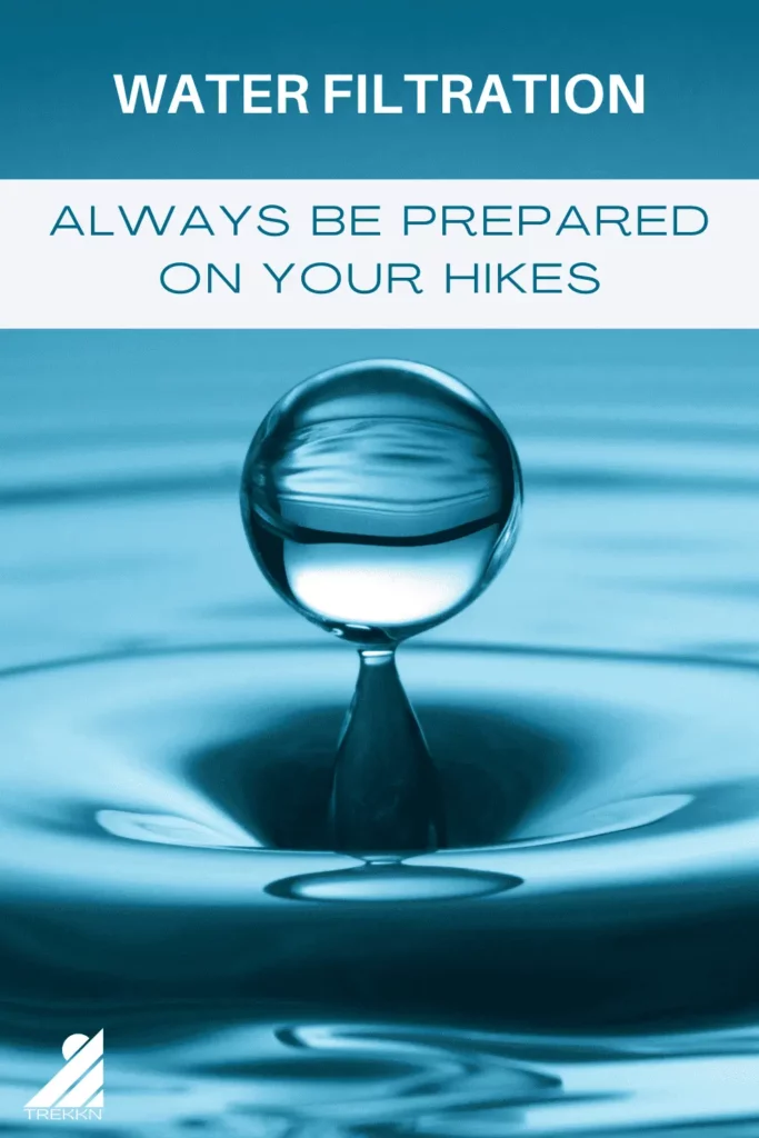Close up of drop of water with text 'Water filtration: Always be prepared on your hikes'