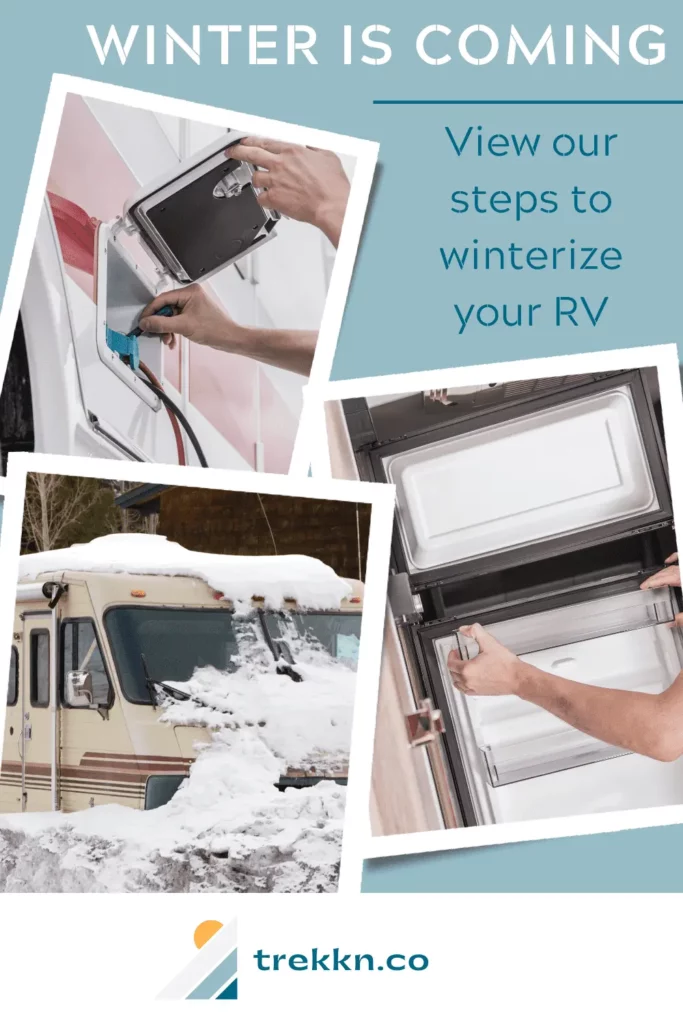 Collage of small repairs being made to RV and text 'view steps to winterize your rv'