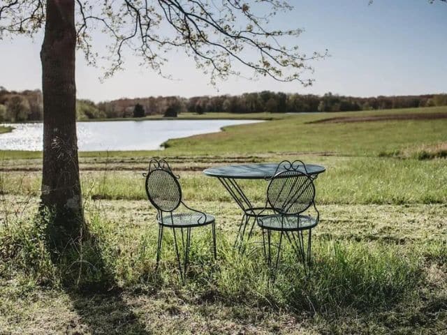 Bistro table and chairs under tree in wide open private field near lake