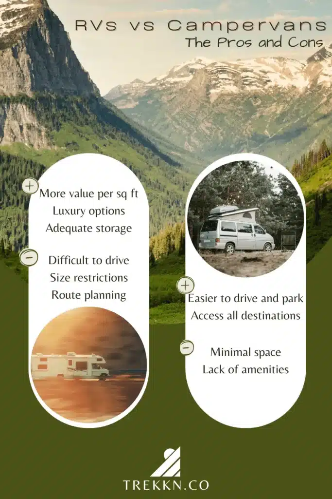 Snow capped mountains and wide valley with text 'Pros and cons of RV life vs Van life'