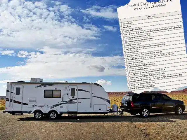 Black tow vehicle and white trailer with example of an RV departure checklist overlayed on top