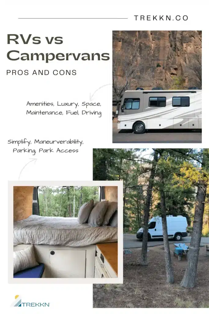Three image collage of an RV, campervan parked at campsite, and interior of campervan with text 'pros and cons of RVs and campervans'
