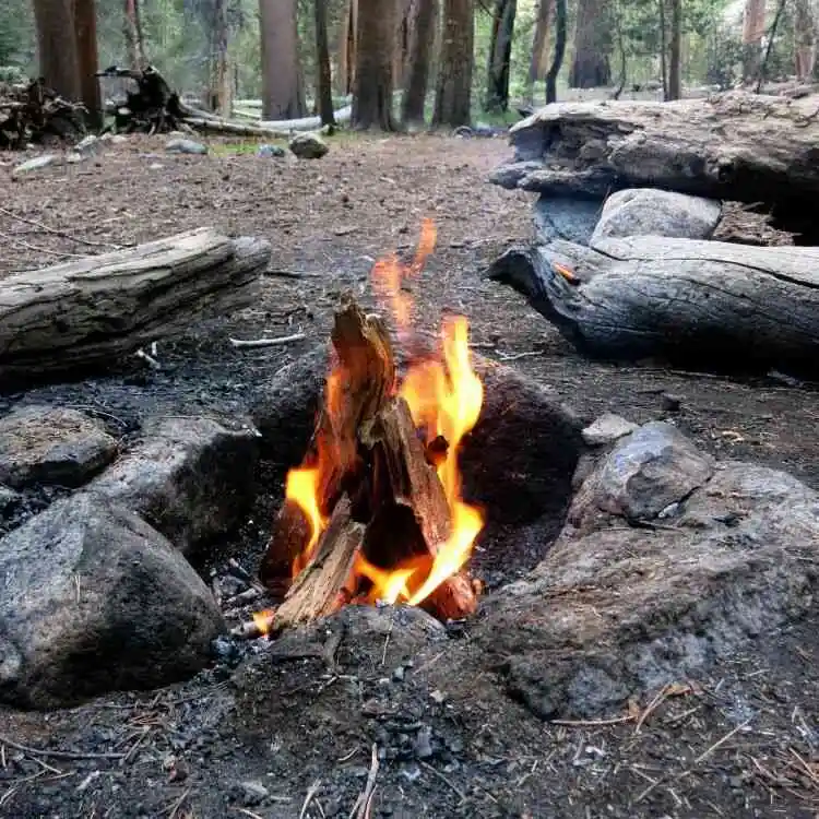 Cone shaped fire contained within a campfire ring made of stone