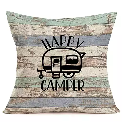 Retro Wood Happy Camper Decorative Pillow Cover
