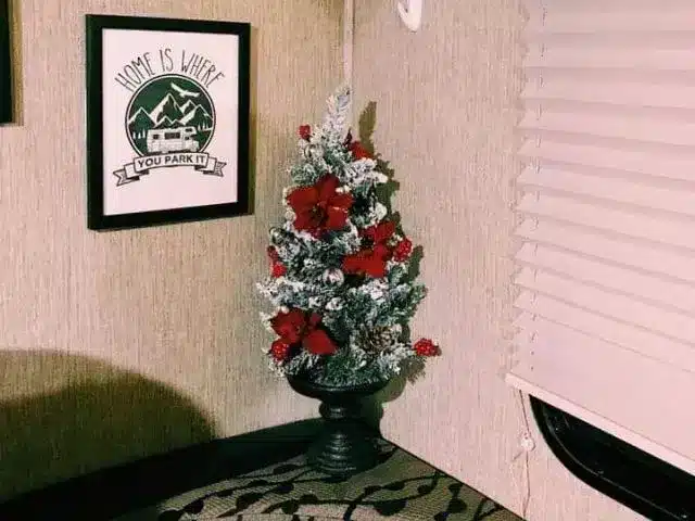 Small artificial Christmas tree inside RV