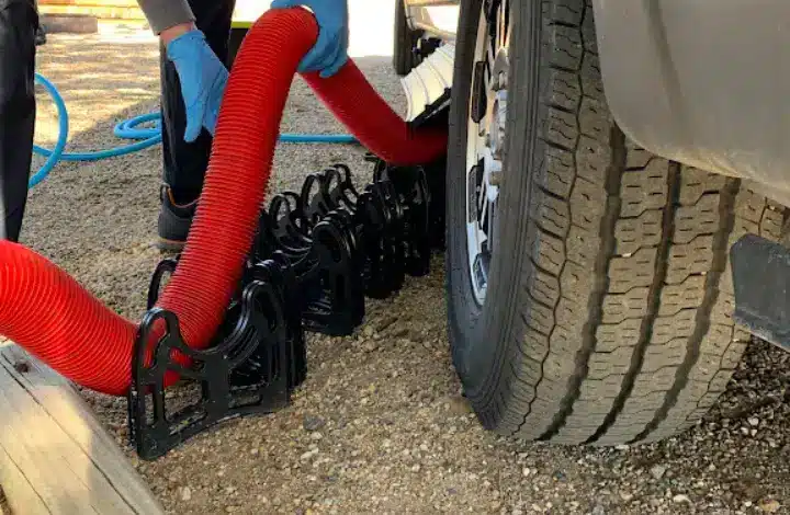 Man wearing gloves sets up RV sewer hose to drain black water tanks.