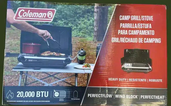 Exterior packaging of Coleman propane grill stove