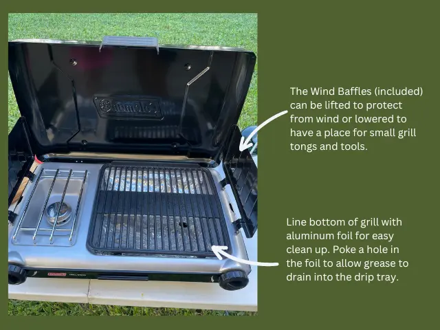 Close up of grill and stove burner on outdoor propane grill