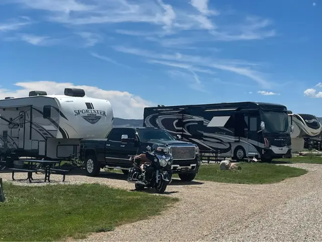 Class A RV and travel trailer parked at Durango Ranch RV Resort