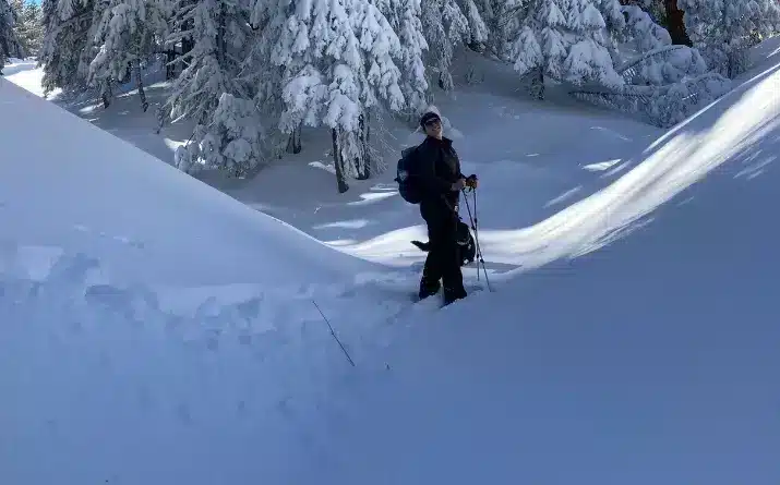 Solo hiker and dog hiking during winter