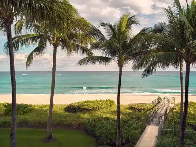 Palm trees, sandy beach and Atlantic Ocean in Boca Raton