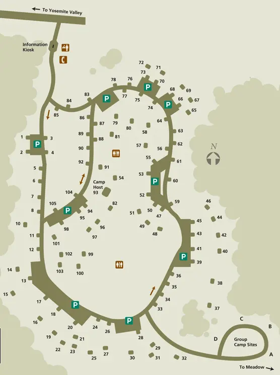 Map of campsites available at Hodgdon Meadow Campground in Yosemite
