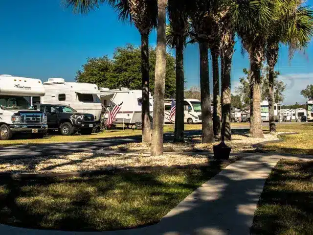 Line of RVs parked at Ocala Sun RV Resort in Florida