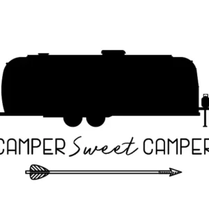 Black and white Airstream travel trailer with text 'camper sweet camper'