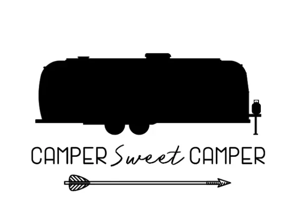 Black and white Airstream travel trailer with text 'camper sweet camper'