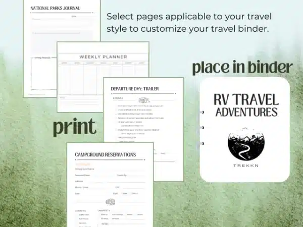 Sample checklists and journal pages from an RV travel planner with text 'Print and put in binder.'